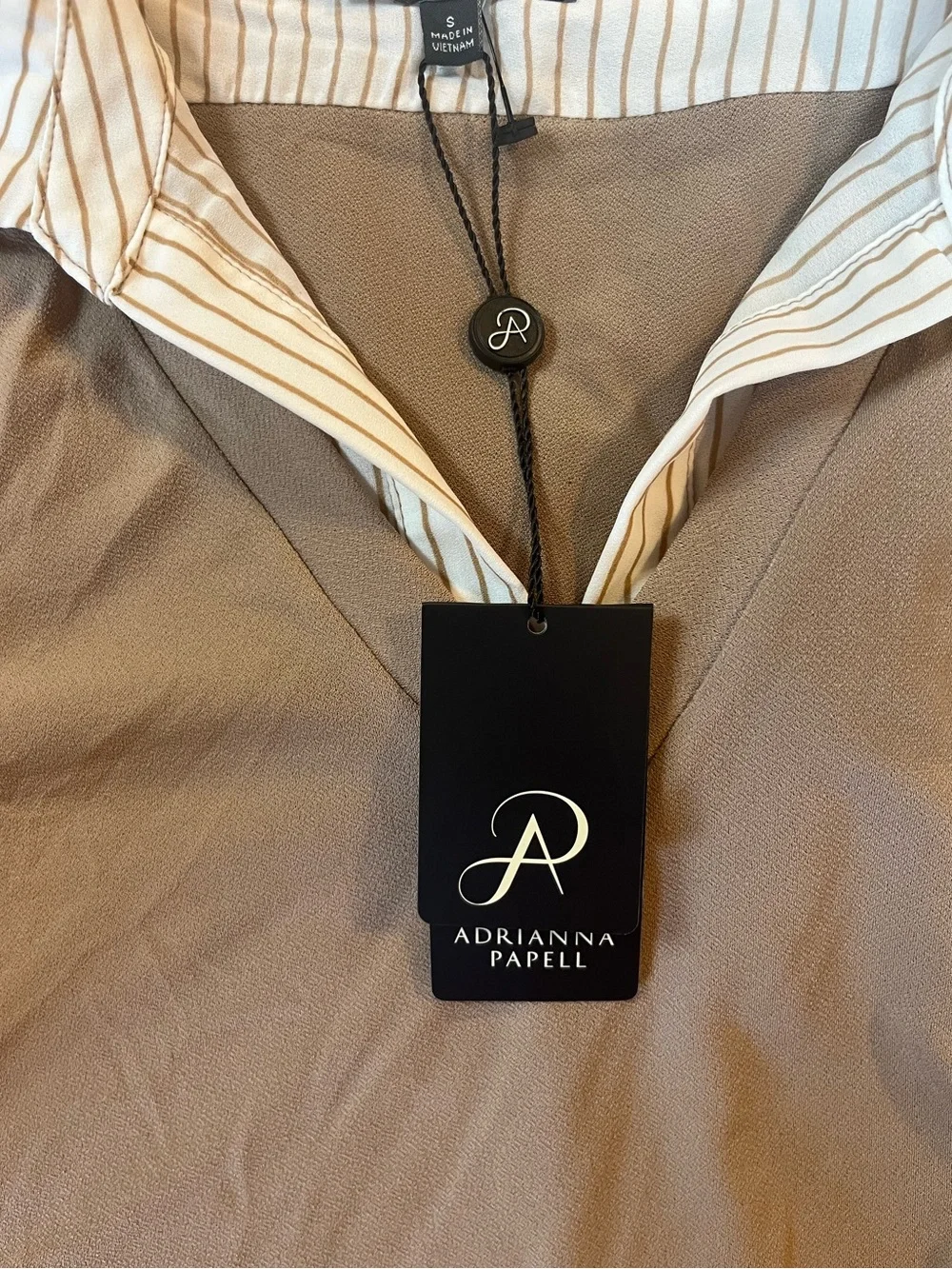 Adrianna Papell Taupe Layered V‑Neck Tunic with Striped Shirt Collar